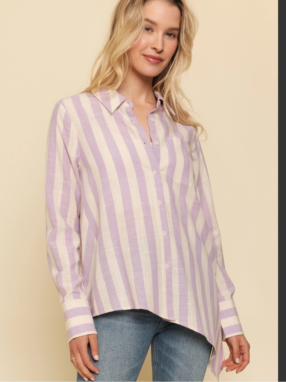(626) Purple and white Striped Asymmetrical Hem Shirt - NWT